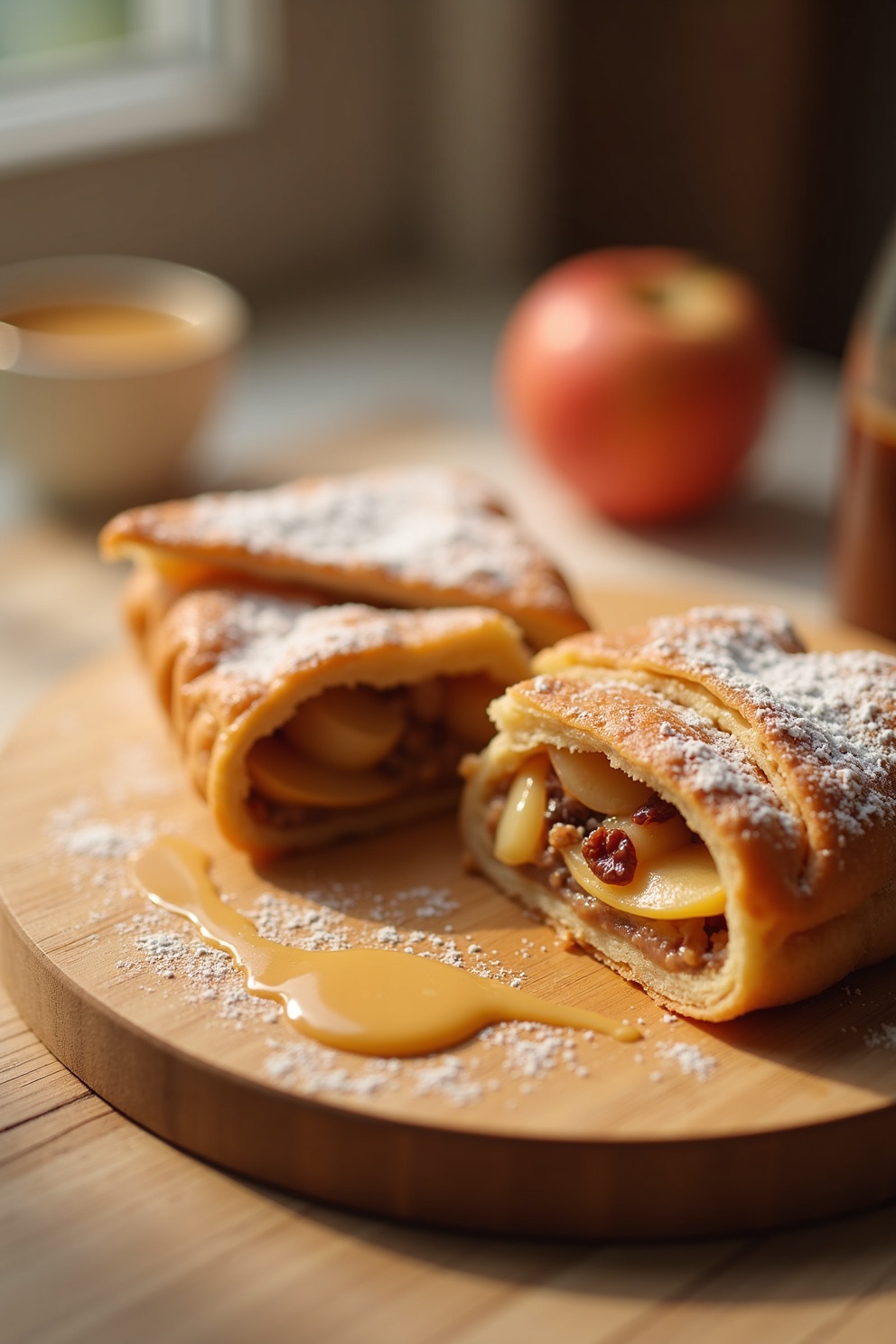 Frisch gebackener Apfelstrudel auf einem Holzbrett, mit Puderzucker bestäubt