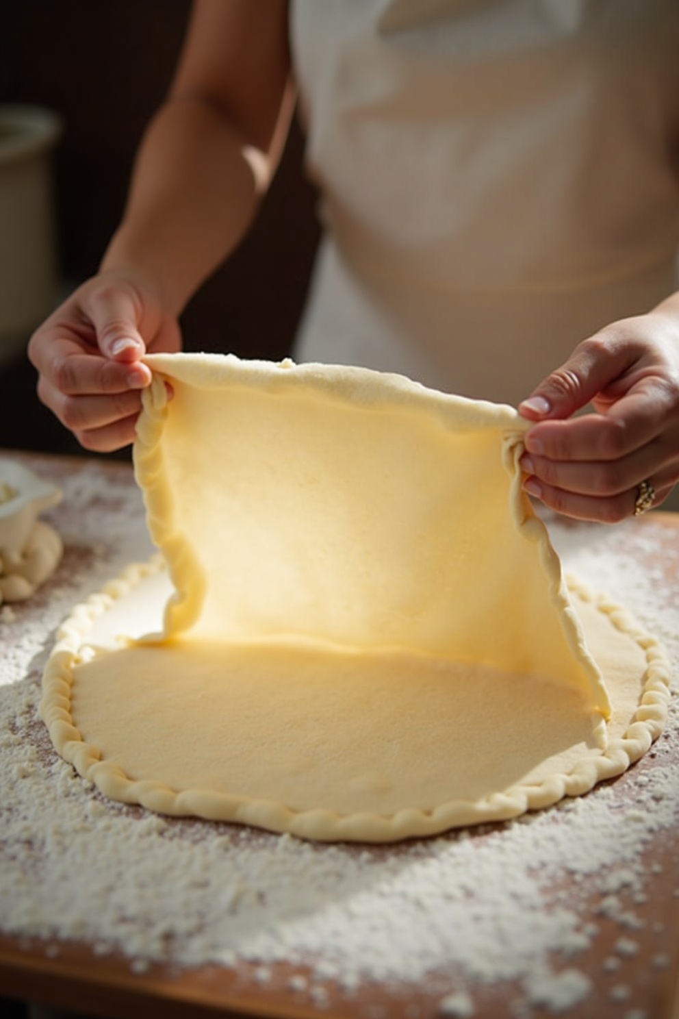 Strudelteig wird über den Tisch ausgezogen