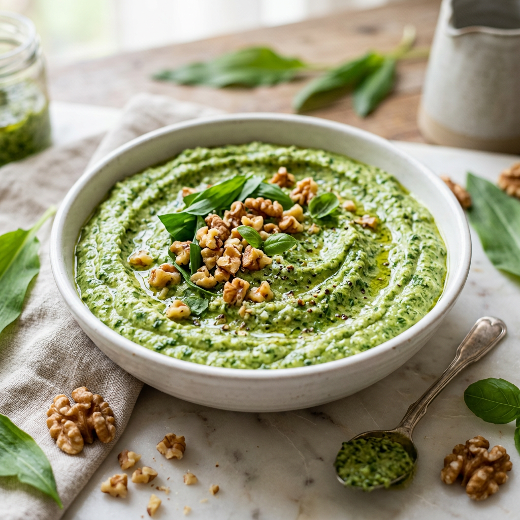 Cremiges Bärlauch-Pesto in einer weißen Schüssel mit Walnüssen und frischen Bärlauchblättern