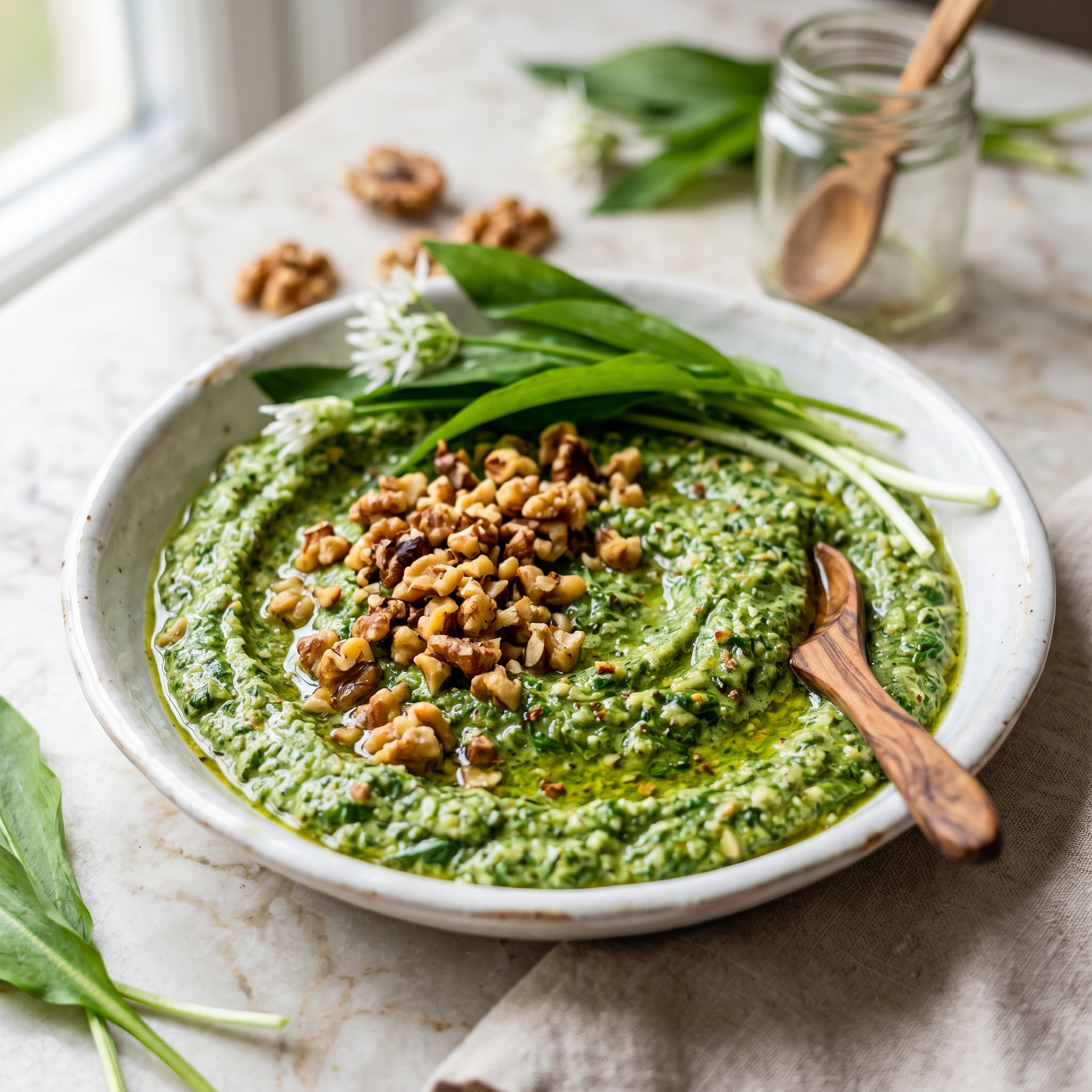 Bärlauch-Pesto von oben mit gerösteten Walnüssen, frischen Bärlauchblättern und Olivenöl