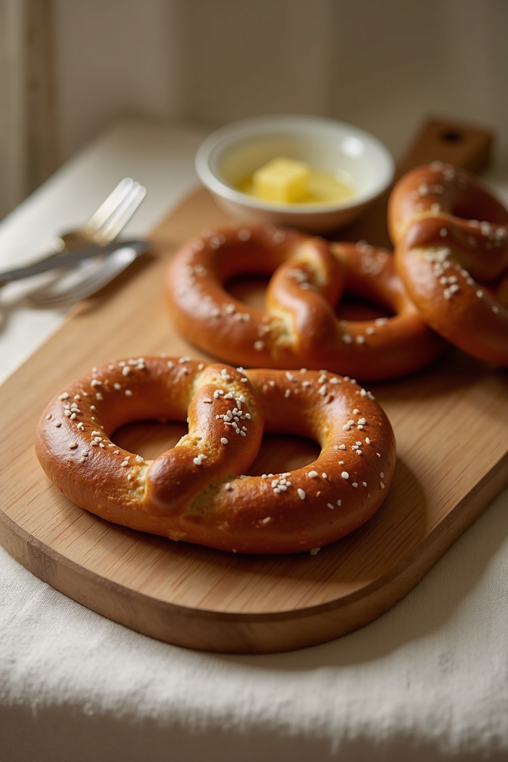 Goldbraune Laugenbrezeln auf einem Holzbrett mit grobem Salz bestreut