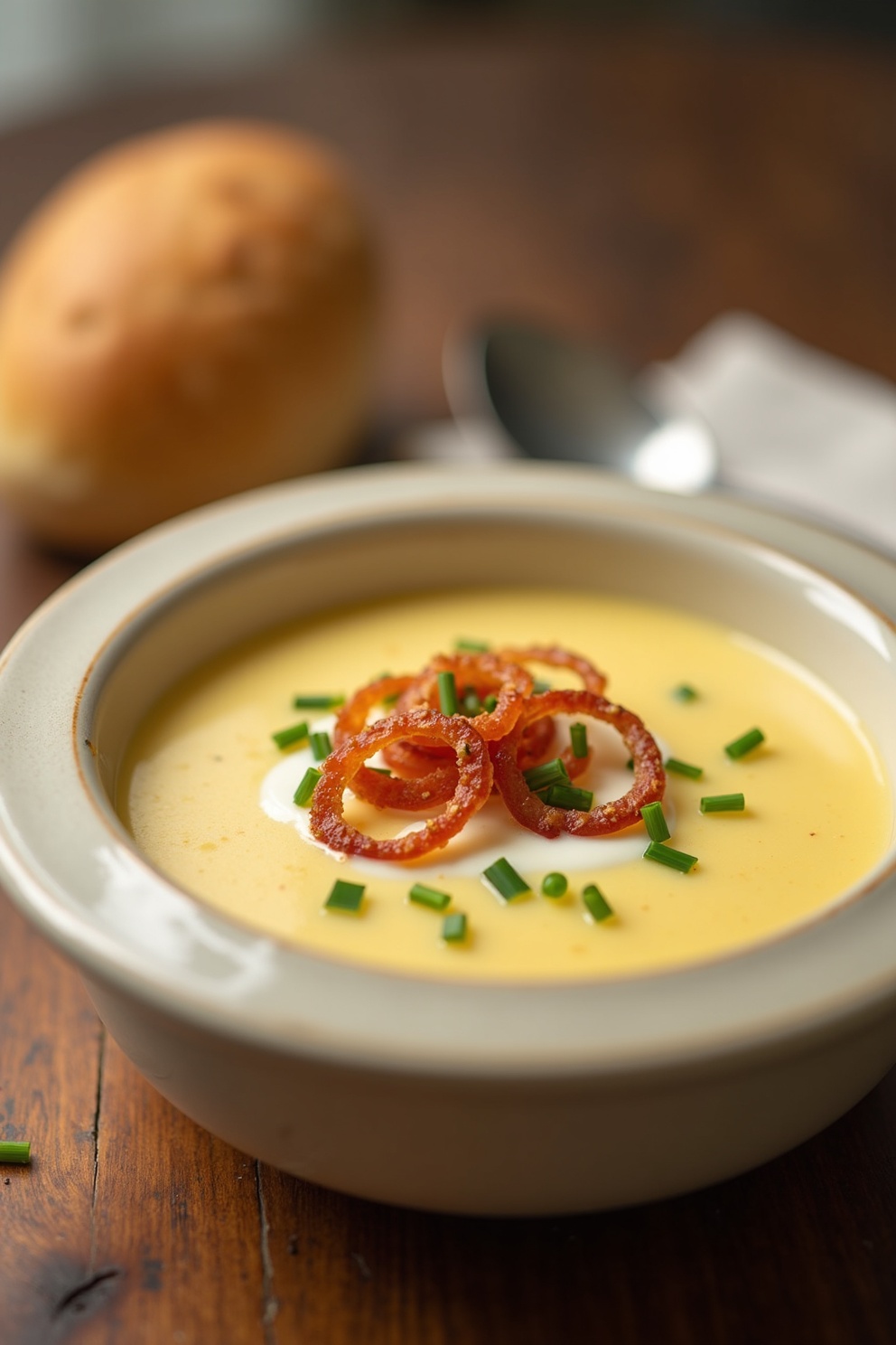 Cremige Kartoffelsuppe in einem weißen Suppenteller mit Speck und Schnittlauch