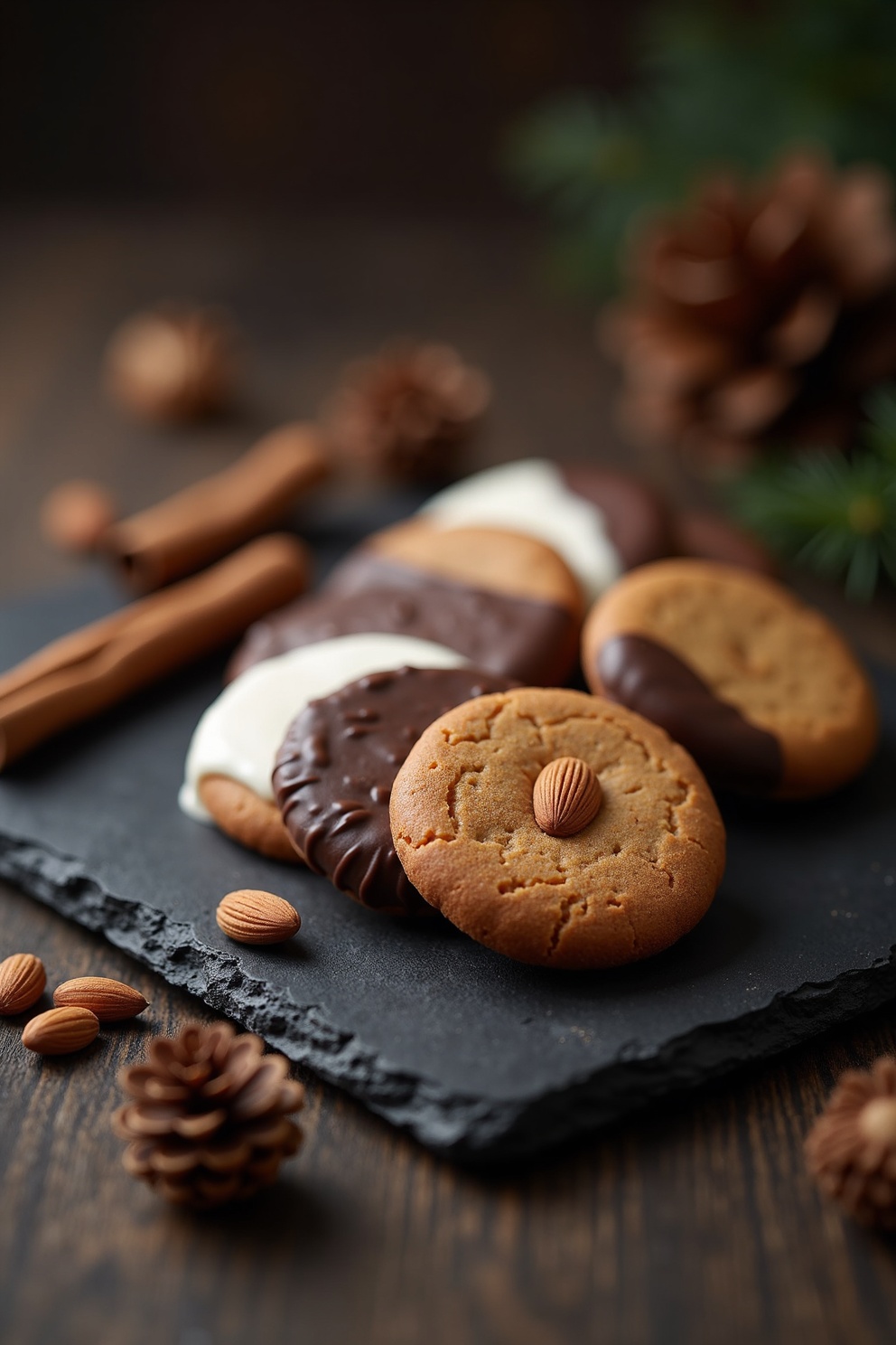 Runde Nürnberger Lebkuchen mit Schokoladenüberzug auf einem Weihnachtsteller