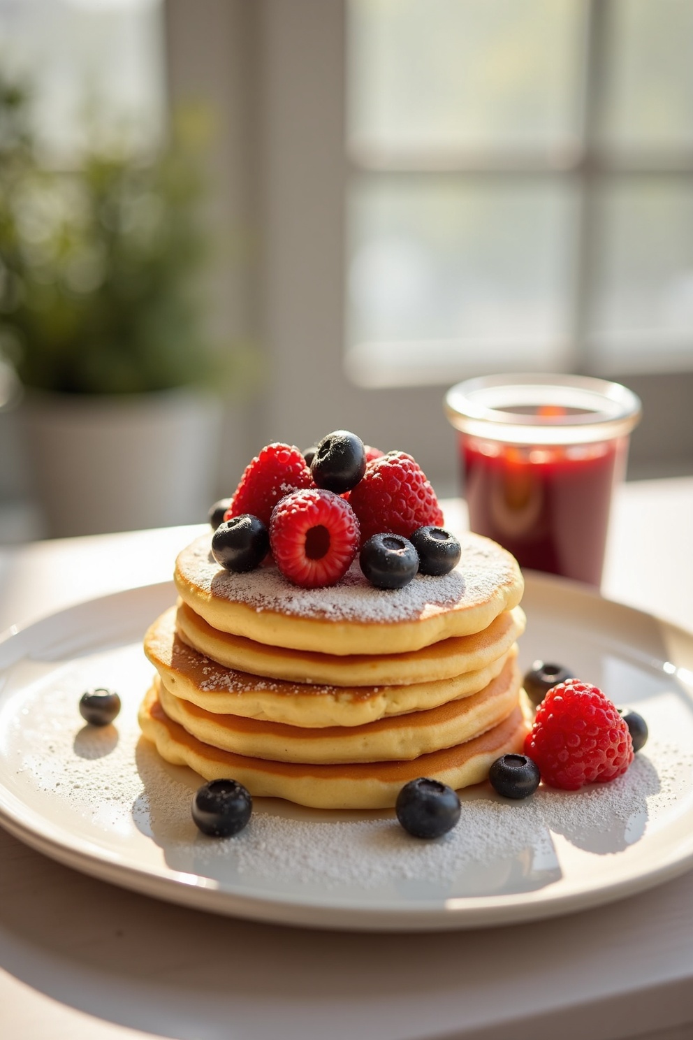 Goldgelbe Pfannkuchen auf einem Teller mit Beeren und Ahornsirup