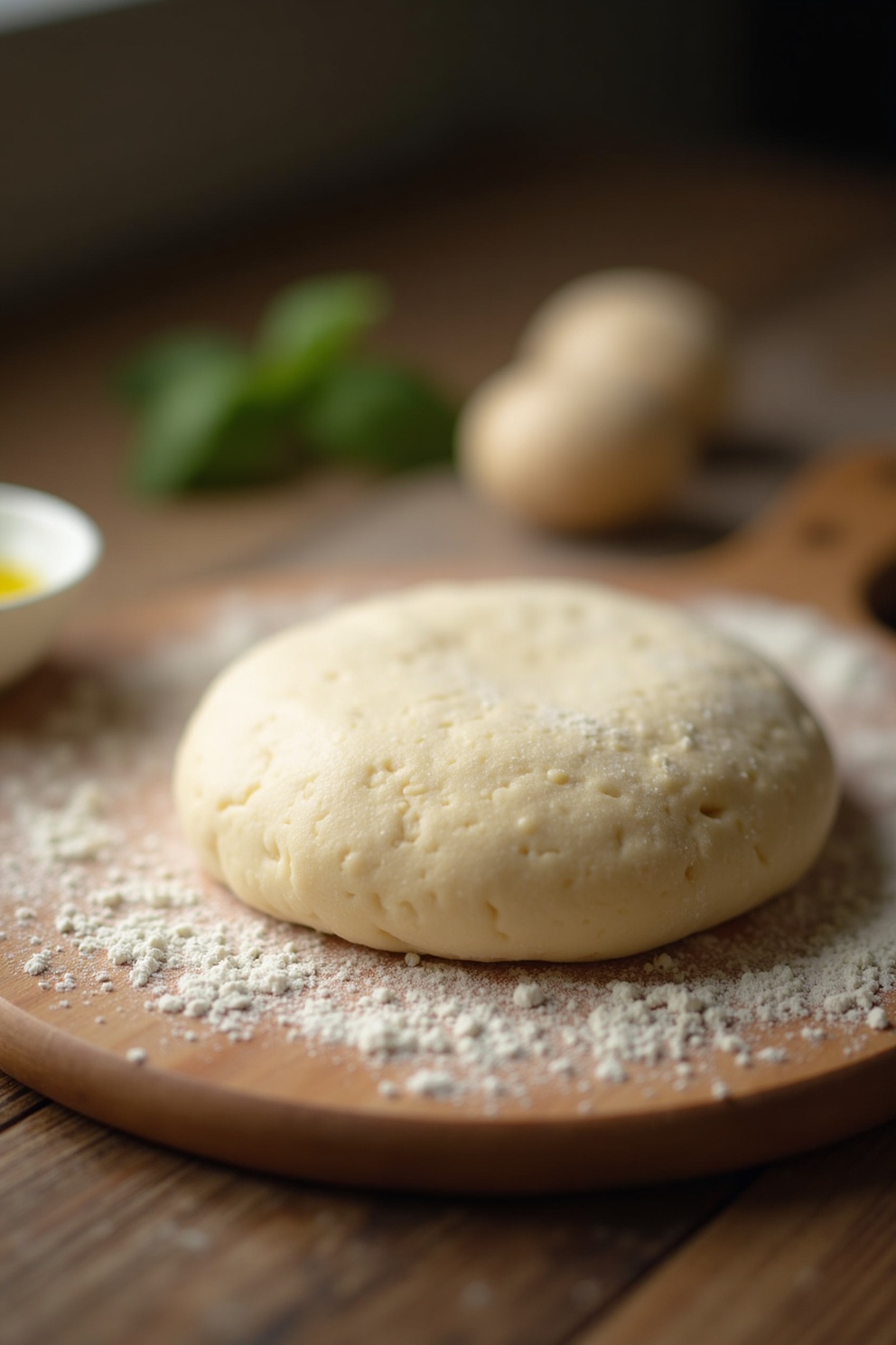 Frisch ausgerollter Pizzateig auf einem bemehlten Holzbrett mit Olivenöl und Zutaten im Hintergrund