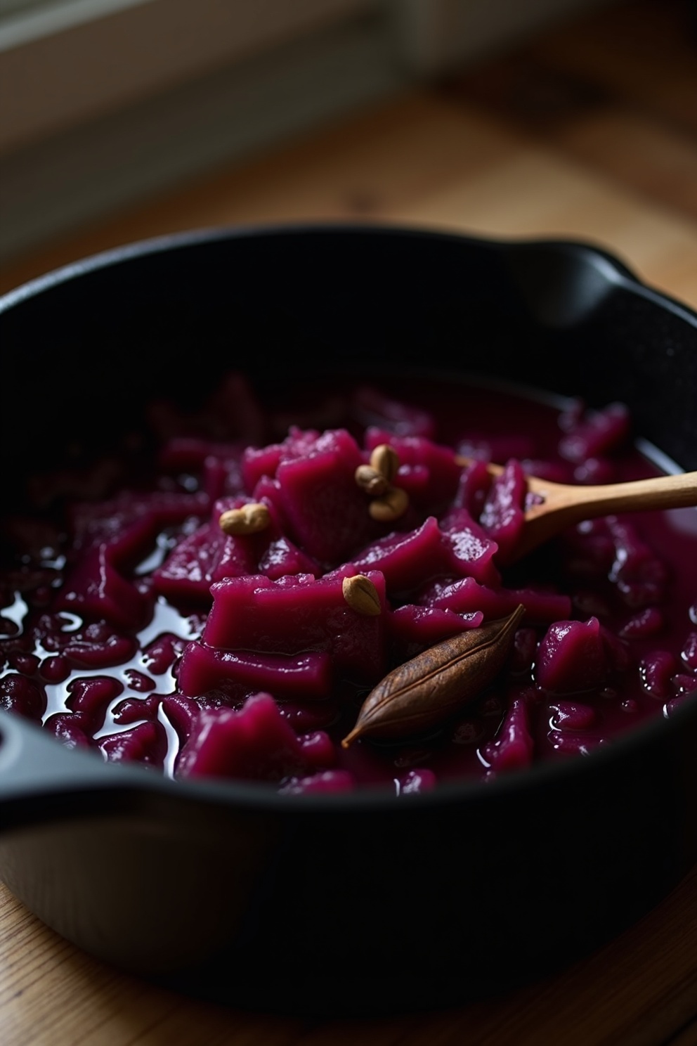Gedünsteter Rotkohl in einem gusseisernen Topf mit Lorbeerblättern garniert