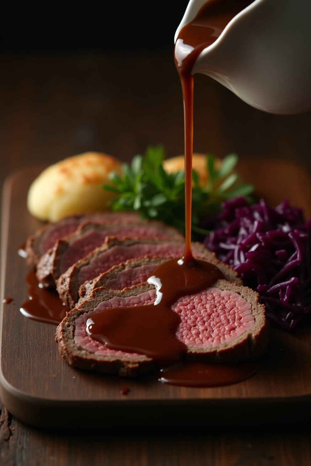 Saftiger Sauerbraten aufgeschnitten auf einem Holzbrett mit Rotkohl und Klößen