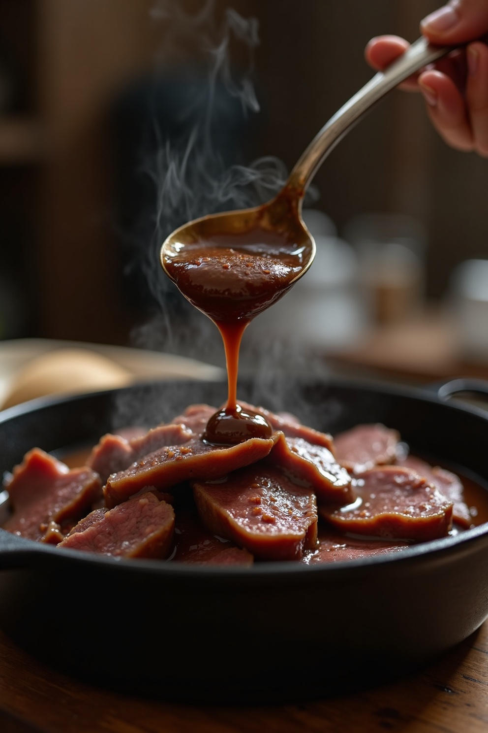 Sauerbraten-Soße wird über das Fleisch gegossen